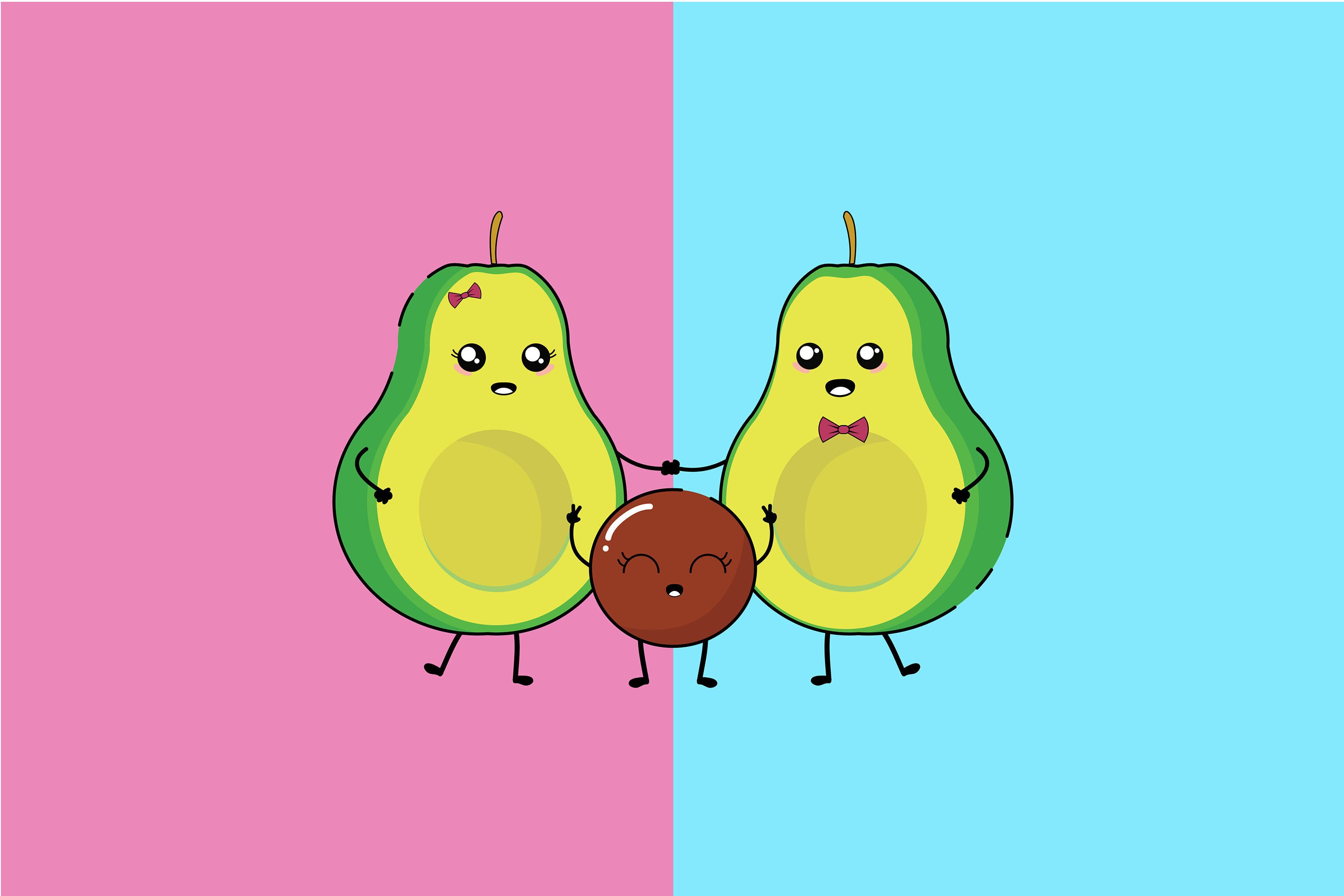 Cute avocado family representing healthy eating